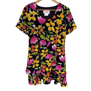 Vintage 90s Bold Floral Sundress Sz 14 Petite Multicolour Short Cute Dress EUC